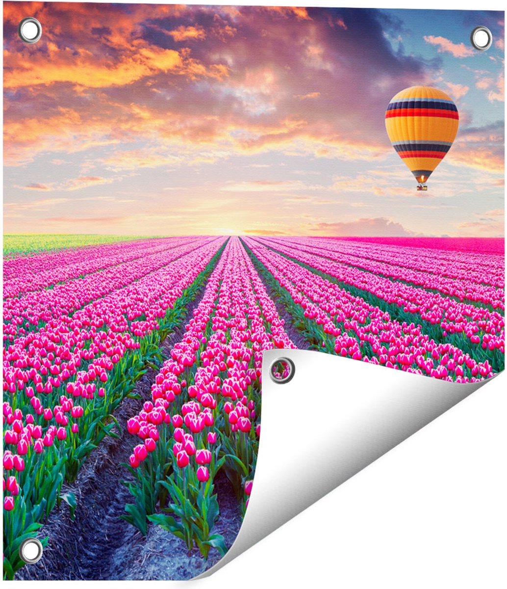 Gards Tuinposter Bloemenveld met Roze Tulpen - Luchtballon - 40x40 cm - Tuindoek - Tuindecoratie - Wanddecoratie buiten - Tuinschilderij Multikleur