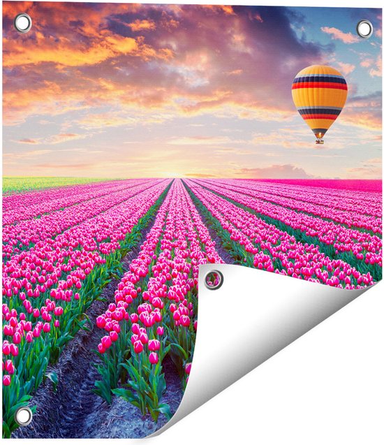 Gards Tuinposter Bloemenveld met Roze Tulpen - Luchtballon - 40x40 cm - Tuindoek - Tuindecoratie - Wanddecoratie buiten - Tuinschilderij