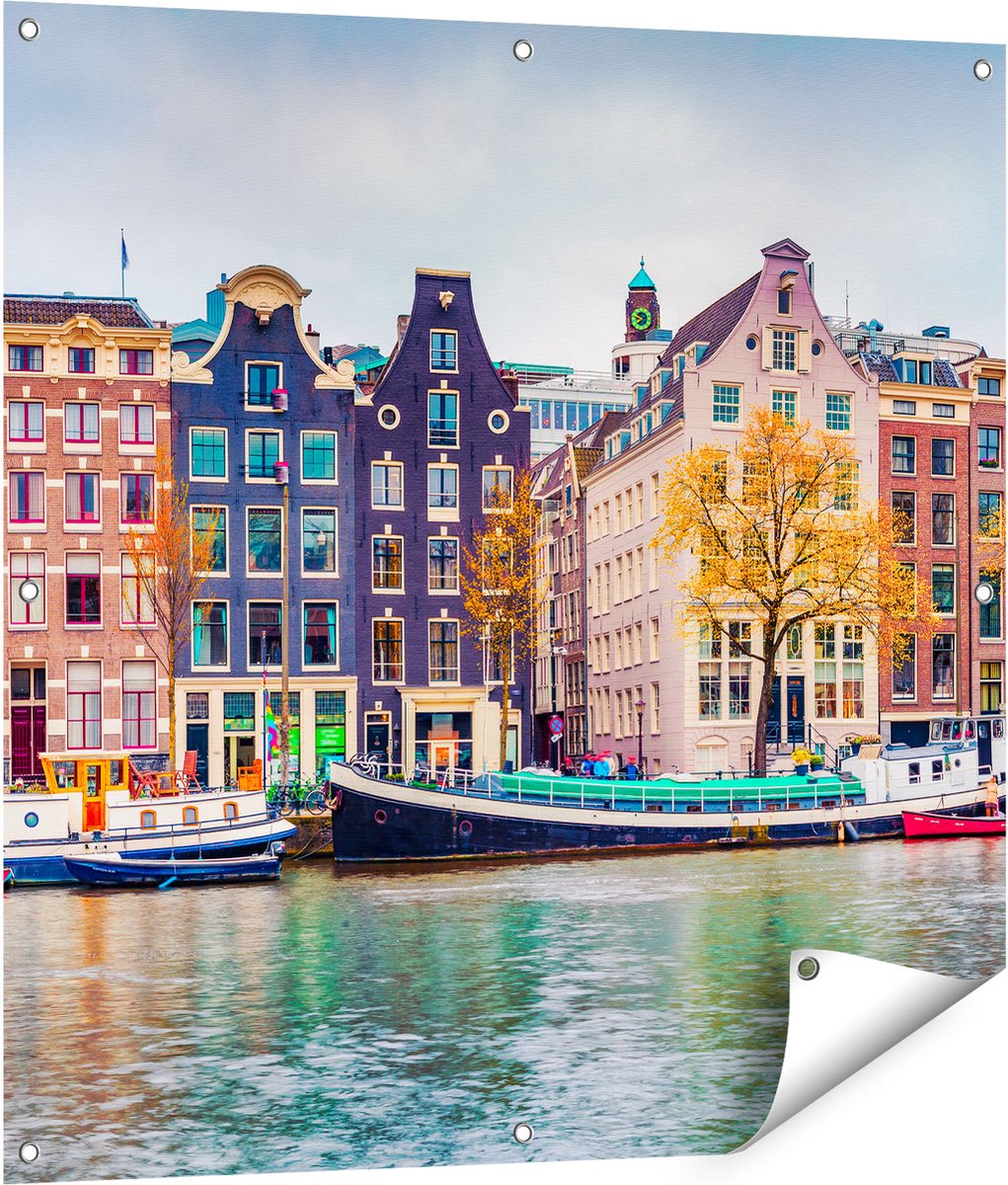 Gards Tuinposter Amsterdamse Huisjes vanaf de Gracht - 90x90 cm - Tuindoek - Tuindecoratie - Wanddecoratie buiten - Tuinschilderij Multikleur
