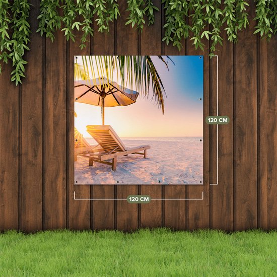 Gars Affiche de jardin Plage tropicale au coucher du soleil - 120x120 cm - Toile jardin - Décoration de jardin - Décoration murale extérieur - Tableau jardin