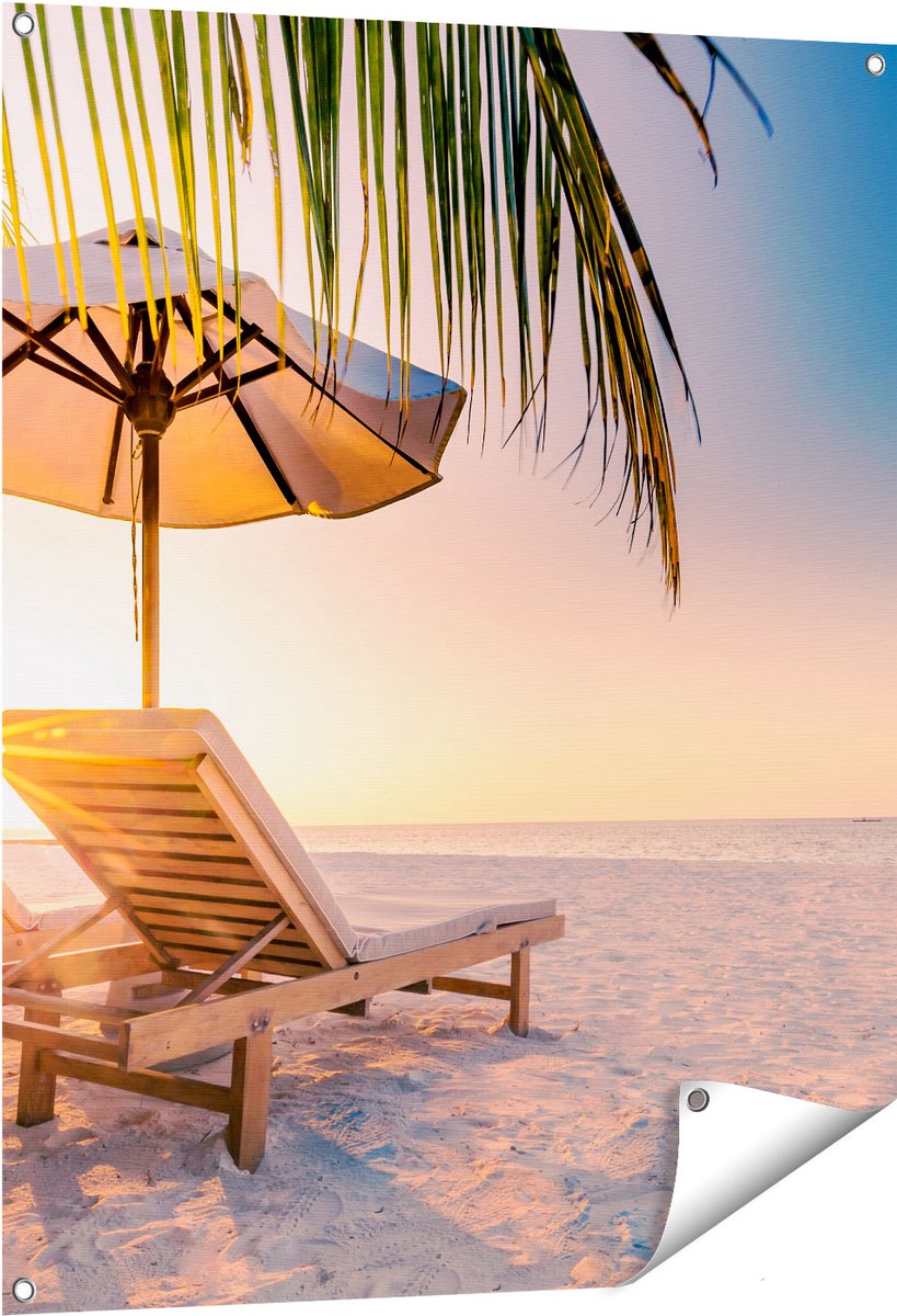 Gards Tuinposter Tropisch Strand tijdens Zonsondergang - 80x100 cm - Tuindoek - Tuindecoratie - Wanddecoratie buiten - Tuinschilderij Multikleur