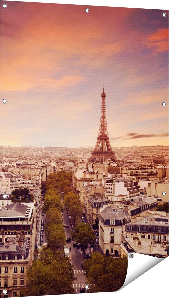 Gards Tuinposter Skyline Parijs met Eiffeltoren - 80x120 cm - Tuindoek - Tuindecoratie - Wanddecoratie buiten - Tuinschilderij Multikleur
