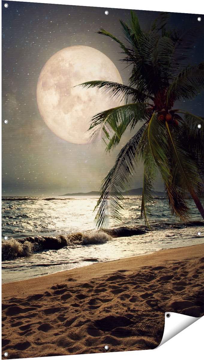Gards Tuinposter Tropisch Strand in de Nacht met Volle Maan - 100x150 cm - Tuindoek - Tuindecoratie - Wanddecoratie buiten - Tuinschilderij Multikleur