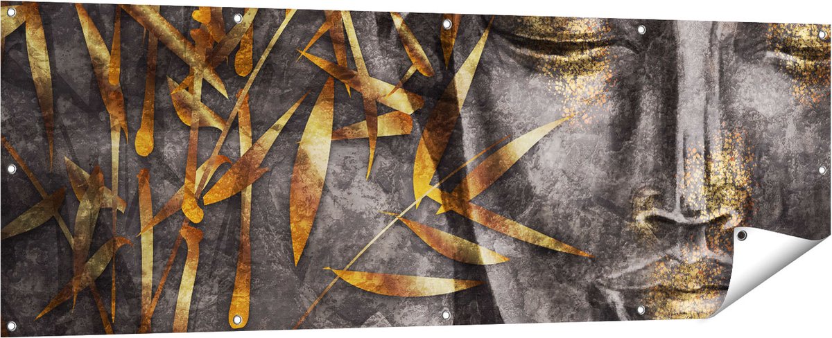 Gards Tuinposter Gouden Boeddha van Aquarel - Abstract - 180x60 cm - Tuindoek - Tuindecoratie - Wanddecoratie buiten - Tuinschilderij Multikleur