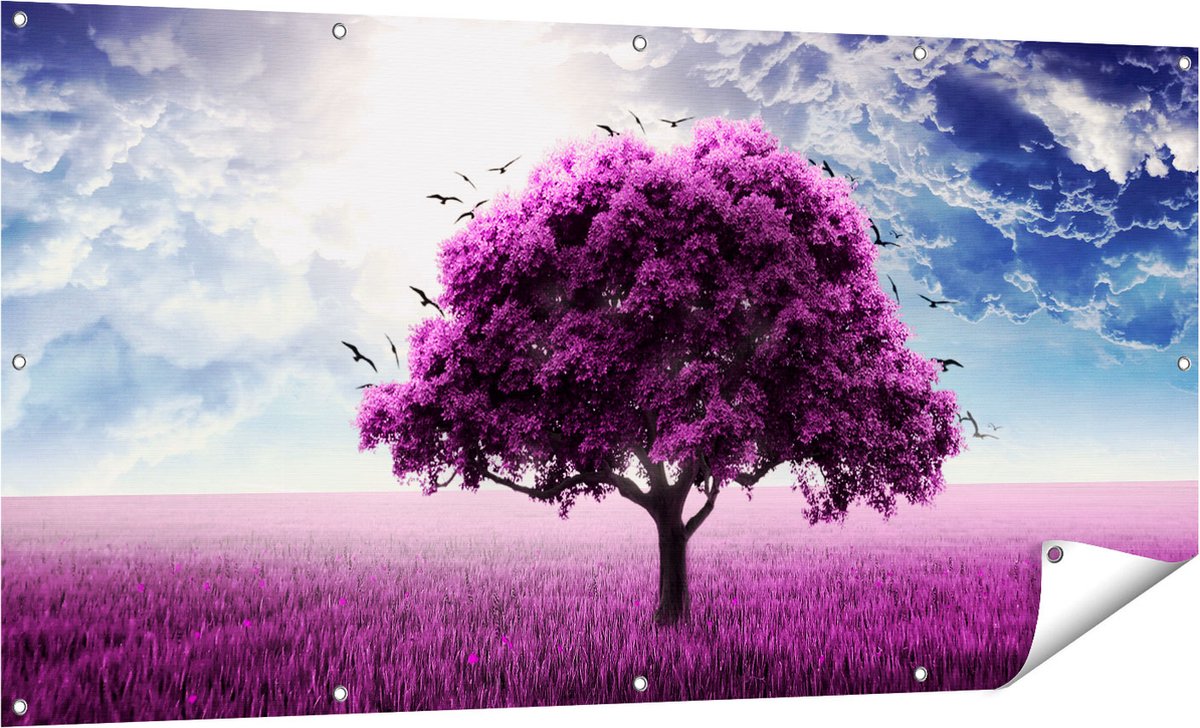 Gards Tuinposter Paarse Boom in het Paars Veld met Vogels - 160x80 cm - Tuindoek - Tuindecoratie - Wanddecoratie buiten - Tuinschilderij Multikleur
