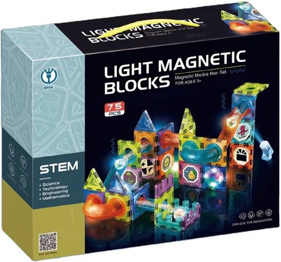 Magnetische blokken ballenbaan Glowing 75 st. - Light Magnetic Blocks - Magnetic Marble Run Set - Licht Magnetische Blokken - Magnetisch Speelgoed - Geschenkdoos - cadeau kinderen - knikkerbaan van Wingosol — afbeelding 2