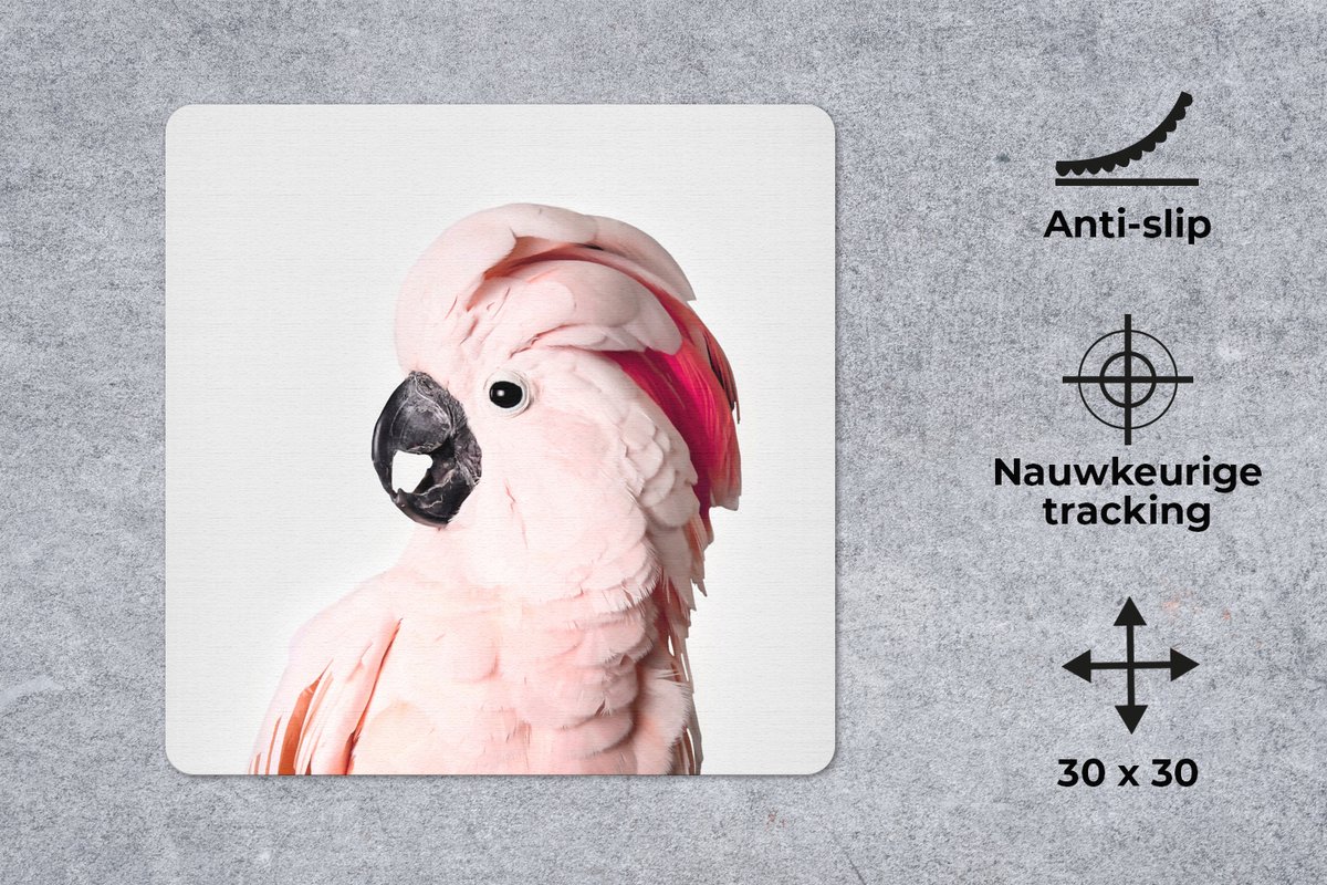 Muismat 30x30 cm - Mousepad Kaketoe - Roze - Dieren - Natuur - Muismatten