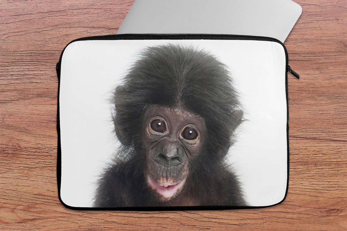 Laptophoes 14 inch - Aap - Dieren - Natuur - Chimpansee - Laptop sleeve - Binnenmaat 33x23 cm - Zwarte achterkant