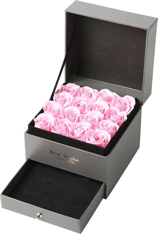 Sieradendoos met rozen - Juwelendoos - Sieradenopberger - Flowerbox - Verjaardag cadeau - Valentijnsdag cadeau - Cadeau - Voor dames - Kunstbloem - 16 Rozen - Rozen met geur - Roze