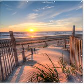 Tuinposter strand - Duin - Zonsondergang - Zee - Natuur - Landschap - Tuindoek - 200x200 cm - Tuindecoratie - Schuttingdoek - Schutting decoratie - Tuin - Tuinschilderij voor buiten - Buitenposter