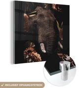 MuchoWow® Glasschilderij 50x50 cm - Schilderij acrylglas - Olifant - Bloemen - Portret - Foto op glas - Schilderijen