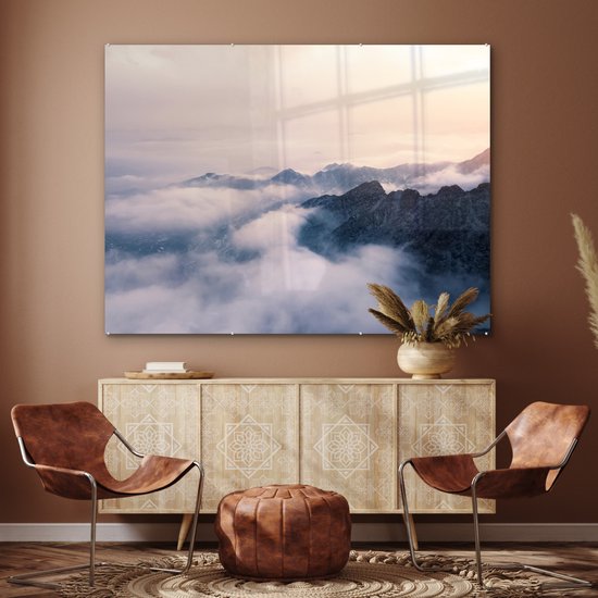 MuchoWow® Peinture sur verre 160x120 cm - Peinture sur verre acrylique - Le brouillard passe sur une chaîne de montagnes - Photo sur verre - Peintures
