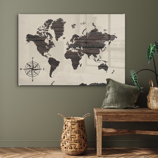 Peinture sur Verre - Carte du Wereldkaart - Bois - Rose des Vents - 120x80 cm - Peintures sur Verre Peintures - Photo sur Glas