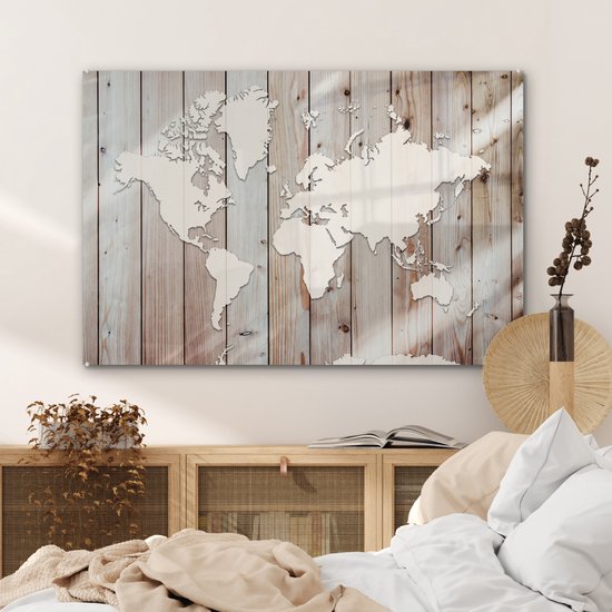 Peinture sur verre - Carte du Wereldkaart - Bois - Simple - 120x80 cm - Peintures en plexiglas
