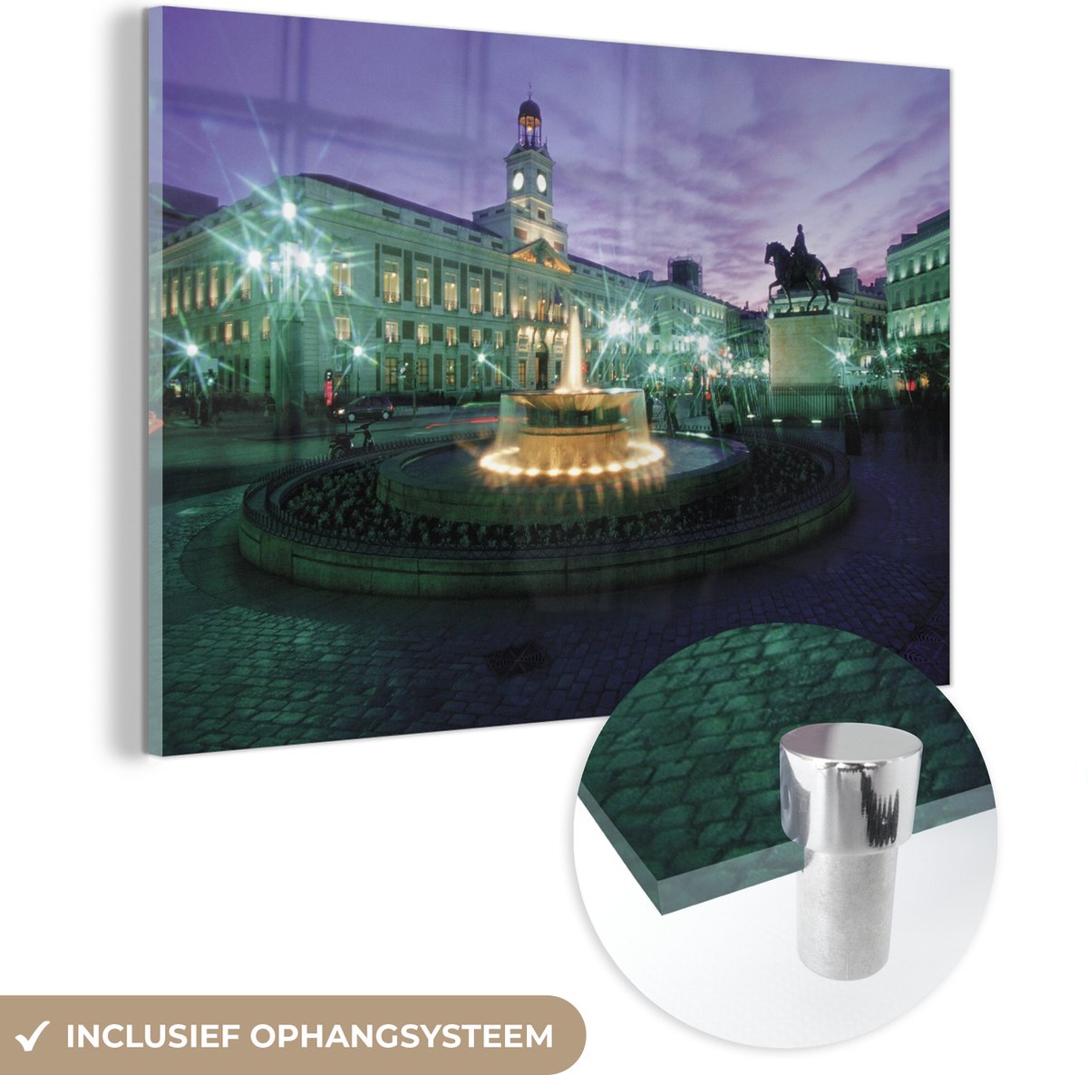 ® Glasschilderij 150x100 cm - Schilderij acrylglas - Een standbeeld en een fontein in de a