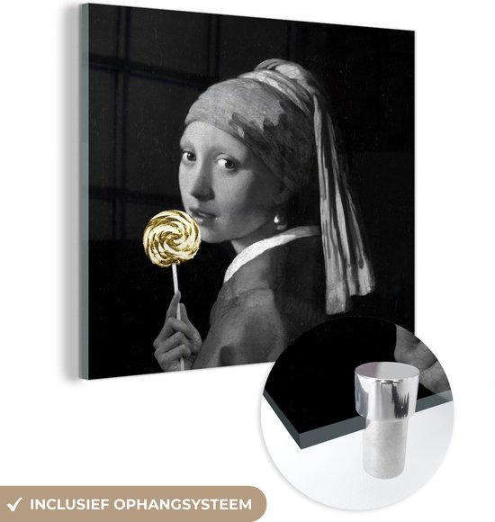 MuchoWow® Glasschilderij 50x50 cm - Schilderij acrylglas - Meisje met de parel - Vermeer - Snoep - Foto op glas - Schilderijen