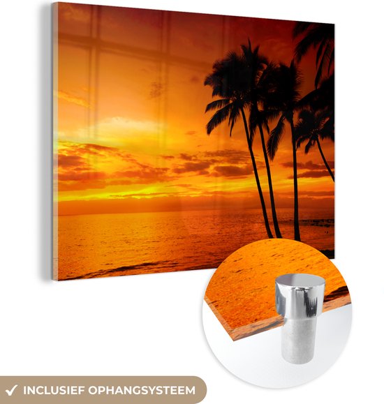 Glasschilderij - Acrylplaat - Palmboom - Oranje - Zonsondergang - Zee - Glazen schidlerij - Foto op glas - Wanddecoratie - Kamer decoratie - Acrylglas - 120x90 cm - Schilderijen woonkamer