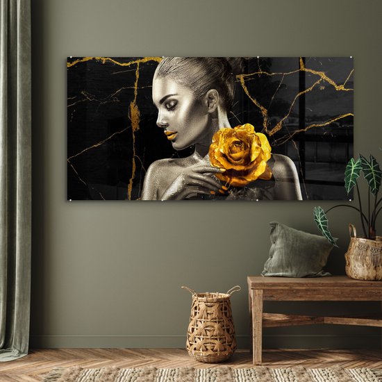Peinture sur Verre - Femmes - Roses - Or - Marbre - 160x80 cm - Peintures sur Verre Peintures - Photo sur Glas