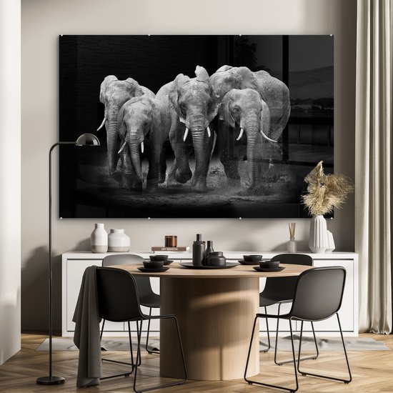 MuchoWow® Glasschilderij 180x120 cm - Schilderij acrylglas - Olifant - Zwart - Wit - Dieren - Foto op glas - Schilderijen