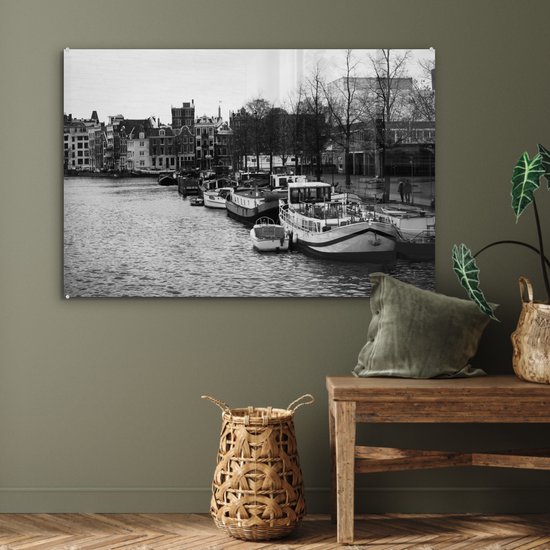Peinture sur Verre - Canal à Amsterdam - Zwart - Wit - 120x80 cm - Peintures sur Verre Peintures - Photo sur Glas