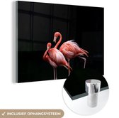 MuchoWow® Glasschilderij 120x80 cm - Schilderij acrylglas - Twee flamingo's met een zwarte achtergrond - Foto op glas - Schilderijen