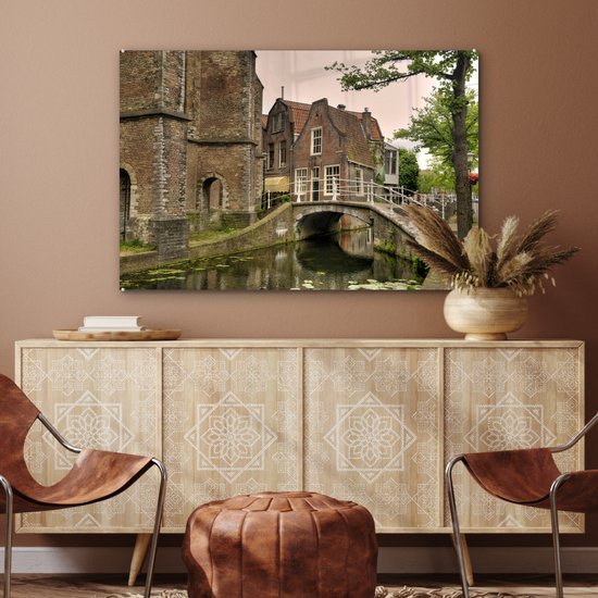 MuchoWow® Peinture sur verre 90x60 cm - Peinture sur verre acrylique - Pont - Water - Delft - Photo sur verre - Peintures
