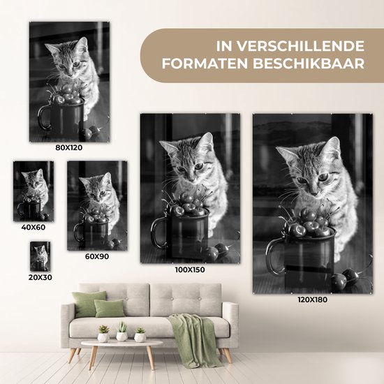 Peinture sur verre - Chat assis près d'une tasse remplie de cerises - noir et blanc - 40x60 cm - Peintures sur Verre Peintures - Photo sur Glas