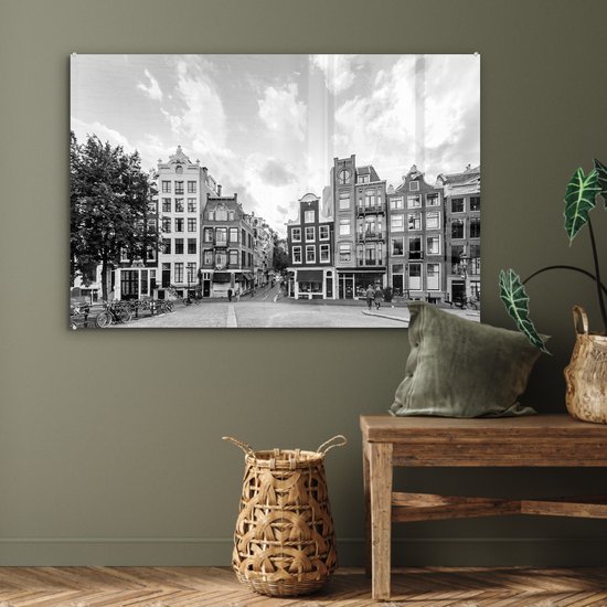 MuchoWow® Peinture sur verre 120x80 cm - Peinture sur verre acrylique - Maisons de canal Amsterdam - noir et blanc - Photo sur verre - Peintures