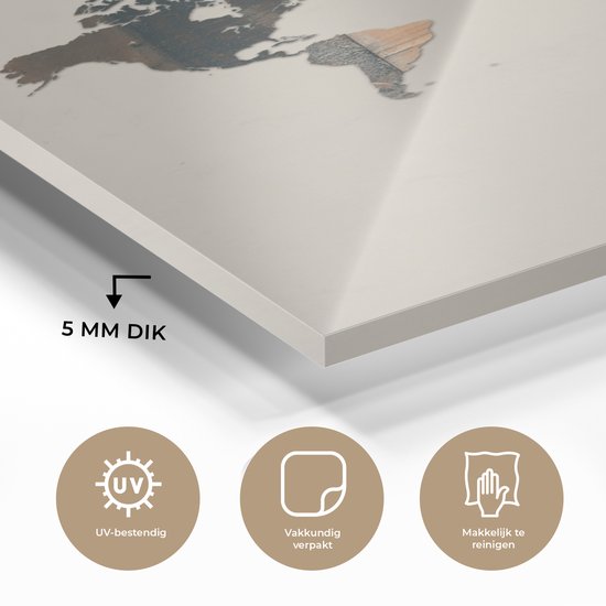 Peinture sur Verre - Carte du Wereldkaart - Planche de Bois - Marron - 80x120 cm - Peintures sur Verre Peintures - Photo sur Glas