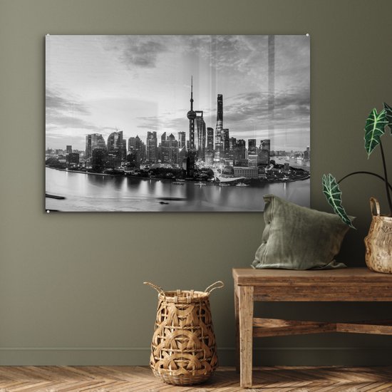 MuchoWow® Peinture sur verre - Shanghai Skyline - noir et blanc - 90x60 cm - Peintures sur verre acrylique - Photo sur Glas
