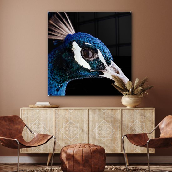 ® Glasschilderij 90x90 cm - Schilderij acrylglas - Pauw - Dier - Blauw - Foto op glas - Muurdecoratie woonkamer - Wanddecoratie slaapkamer - Schilderijen
