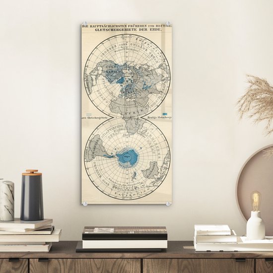 Peinture sur Verre - Glaciers sur Carte du Monde Vintage - 20x40 cm - Peintures sur Verre Peintures - Photo sur Glas