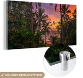 MuchoWow® Glasschilderij 120x60 cm - Schilderij acrylglas - Zonsondergang - Palmbomen - Strand - Foto op glas - Schilderijen