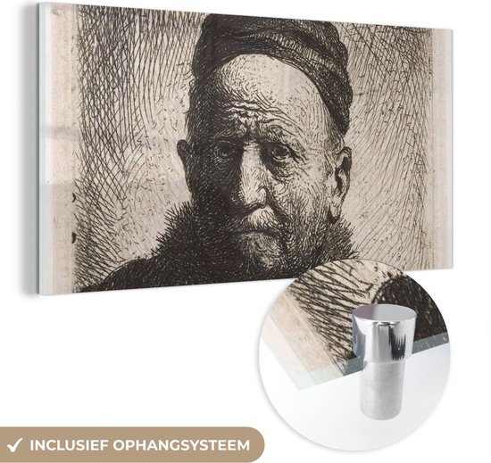 MuchoWow® Glasschilderij 120x60 cm - Schilderij acrylglas - De man met kalotje - Rembrandt van Rijn - Foto op glas - Schilderijen