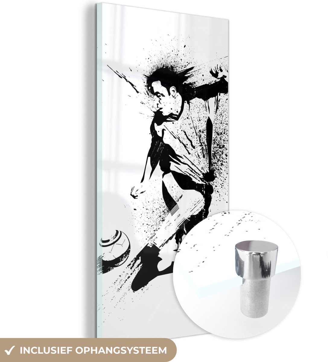 ® Glasschilderij 20x40 cm - Schilderij acrylglas - Een illustratie van een persoon die een voetbal richting doel schiet - Jongens - Jongetje - Kind - Foto op glas - Muurdecoratie woonkamer - Wanddecoratie slaapkamer - Schilderijen