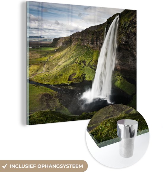 MuchoWow® Glasschilderij 90x90 cm - Schilderij acrylglas - Waterval - Gebergte - Jungle - Foto op glas - Schilderijen