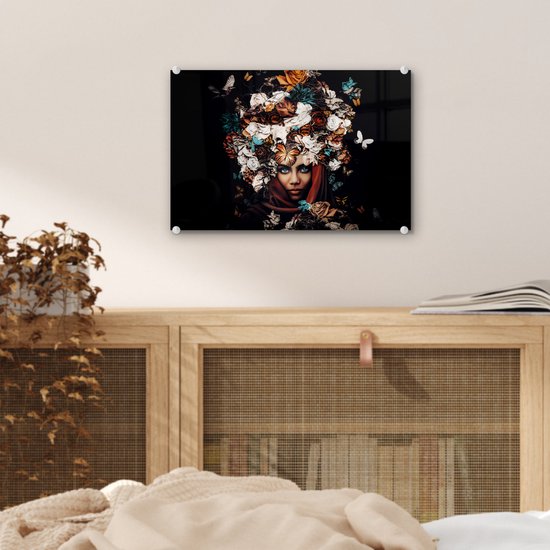 MuchoWow® Peinture sur Verre - Fleurs - Papillon - Femmes - Foulard - 30x20 cm - Peintures sur Verre Peintures - Photo sur Glas