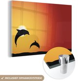 MuchoWow® Glasschilderij 90x60 cm - Schilderij acrylglas - Dolfijnen - Silhouet - Zonsondergang - Foto op glas - Schilderijen