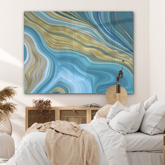 MuchoWow® Peinture sur verre 160x120 cm - Peinture sur verre acrylique - Marbre - Vagues - Or - Motifs - Photo sur verre - Peintures