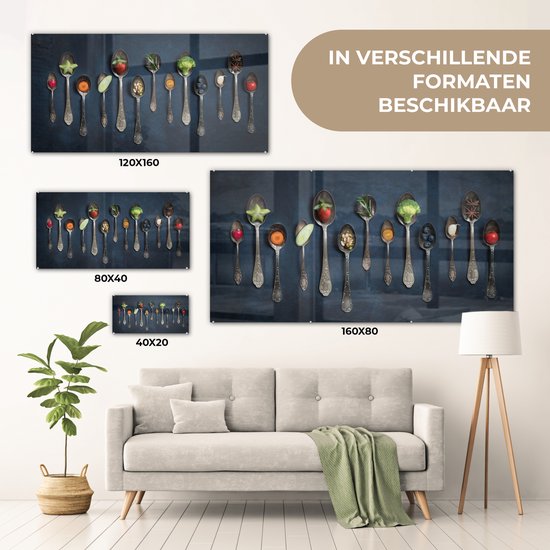 MuchoWow® Peinture sur verre 120x60 cm - Peinture sur verre acrylique - Herbes - Cuillère - Argent - Épices - Industriel - Photo sur verre - Peintures