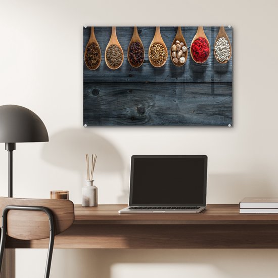 MuchoWow® Peinture sur verre 60x40 cm - Peinture sur verre - Herbes - Cuillères - Bois - Cuisine - Épices - Industriel - Photo sur verre acrylique - Peintures