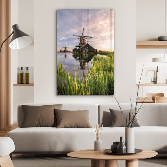 Peinture sur verre - Moulins à Moulins à vent au bord de l'eau - 80x120 cm - Peintures Plexiglas