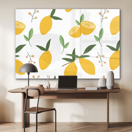 MuchoWow® Peinture sur Verre - Citrons - Motifs - Wit - Abstrait - 150x100 cm - Peintures sur Verre Peintures - Photo sur Glas