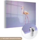 MuchoWow® Glasschilderij 90x60 cm - Schilderij acrylglas - Flamingo - Water - Roze - Foto op glas - Schilderijen