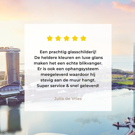 ® Glasschilderij 60x40 cm - Schilderij acrylglas - Skyline van Singapore met hoge torens bij zonsondergang - Foto op glas - Muurdecoratie woonkamer - Wanddecoratie slaapkamer - Schilderijen