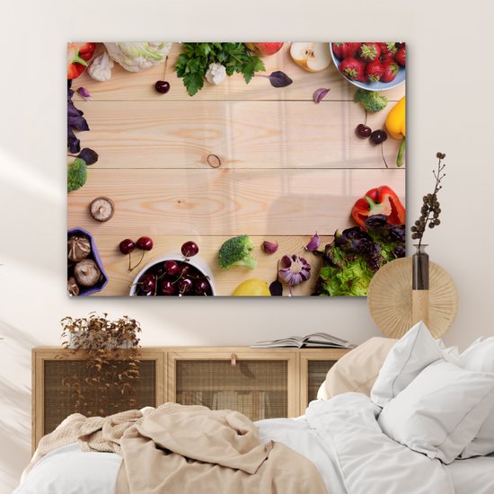 MuchoWow® Peinture sur verre 120x90 cm - Peinture sur verre acrylique - Fruits - Fraises - Paprika - Cuisine - Photo sur verre - Peintures