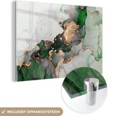 MuchoWow® Glasschilderij 180x120 cm - Schilderij acrylglas - Marmer - Goud - Groen - Luxe - Foto op glas - Schilderijen