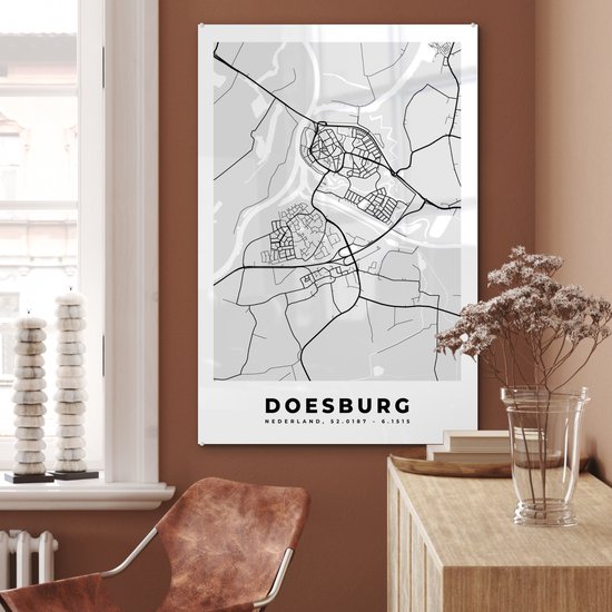 Peinture sur verre MuchoWow® 60x90 cm - Peinture acrylique sur verre - Doesburg - Nederland - Carte - Plan de ville - Zwart et Wit - Photo sur verre - Peintures