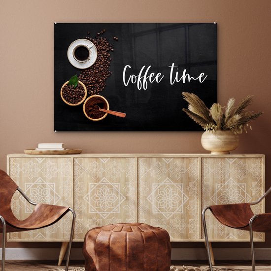 MuchoWow® Peinture sur verre 120x80 cm - Peinture sur verre acrylique - Citations - Dictons - L'heure du Coffee - Café - Photo sur verre - Peintures