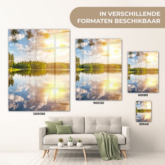 MuchoWow® Glasschilderij 90x120 cm - Schilderij acrylglas - Bomen - Water - Zon - Foto op glas - Schilderijen
